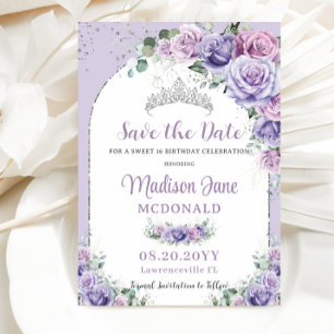Chic Paars Lila Floral Sweet 16 Silver Birthday Save The Date