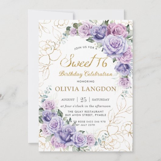 Chic Paars Lila Lavender Rozen Sweet 16 Birthday Kaart (Voorkant)