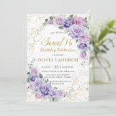 Chic Paars Lila Lavender Rozen Sweet 16 Birthday Kaart (Staand voorkant)