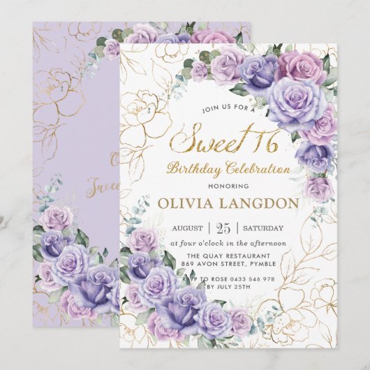 Chic Paars Lila Lavender Rozen Sweet 16 Birthday Kaart (Voorkant / Achterkant)