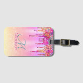 Chic paars oranje ombre glitter druppelt monogram bagagelabel (Voorkant (horizontaal))
