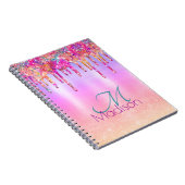 Chic paars oranje ombre glitter druppelt monogram notitieboek (Rechterzijde)