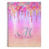 Chic paars oranje ombre glitter druppelt monogram notitieboek (Voorkant)