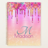 Chic paars oranje ombre glitter druppelt monogram planner (Voorkant)