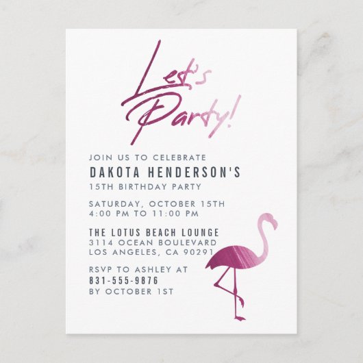 Chic Paars Painted Flamingo Modern Birthday Party Uitnodiging Briefkaart (Voorkant)