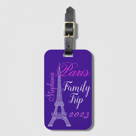 Chic Paars Paris Eiffel Tower Family Trip Bagagelabel (Voorkant (verticaal))