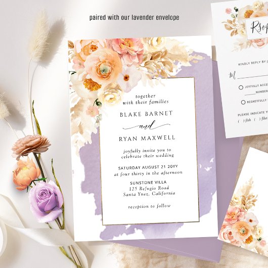Chic Paars, Peach, Blush and Cream Floral Wedding Kaart