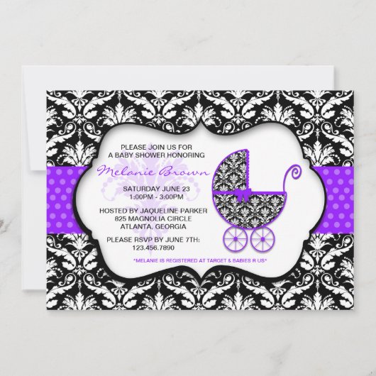 Chic Paars Polka Dot Damask Baby shower Invite Kaart (Voorkant)