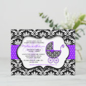 Chic Paars Polka Dot Damask Baby shower Invite Kaart (Staand voorkant)