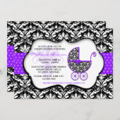 Chic Paars Polka Dot Damask Baby shower Invite Kaart (Voorkant / Achterkant)