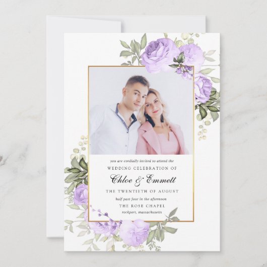 Chic Paars Roos Rustic Floral Wedding Foto Kaart (Voorkant)