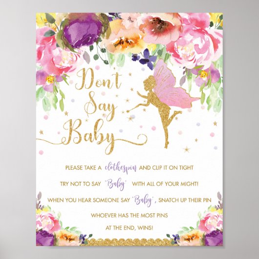 Chic Paars roze Floral Fairy Zeg geen Baby Game Poster (Voorkant)
