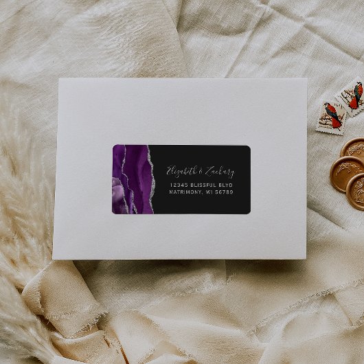 Chic Paars Silver Dark Wedding RSVP Zelf-adres Etiket