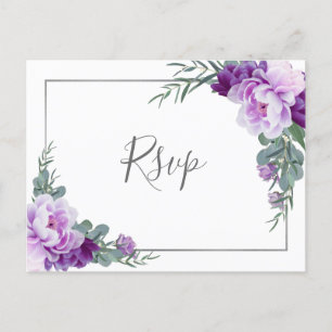 Chic Paars Silver Floral Eucalyptus Wedding RSVP Briefkaart