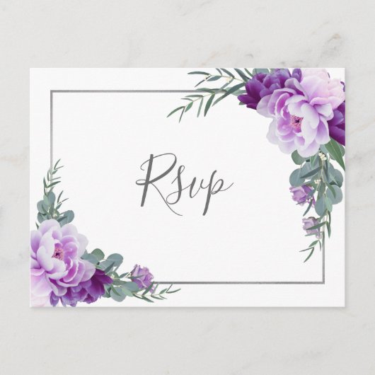 Chic Paars Silver Floral Eucalyptus Wedding RSVP Briefkaart (Voorkant)