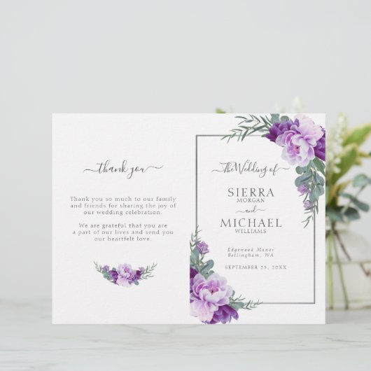 Chic Paars Silver Floral vouded Wedding Programme (Staand voorkant)