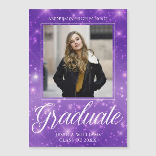 Chic Paars Sparkle Afstuderen Foto Magnet Kaart (Voorkant)