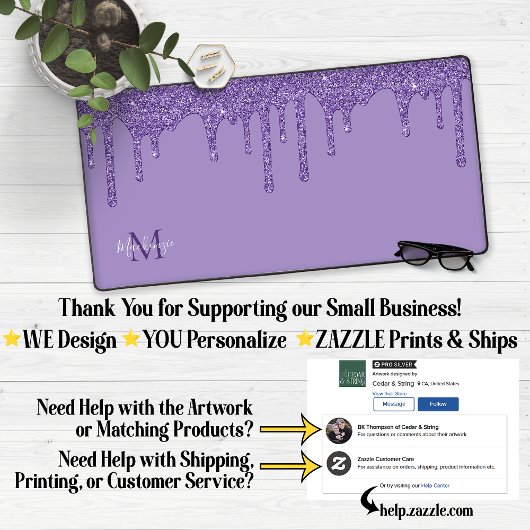 Chic Paars Sparkle Glitter Drift Monogram Bureaumat