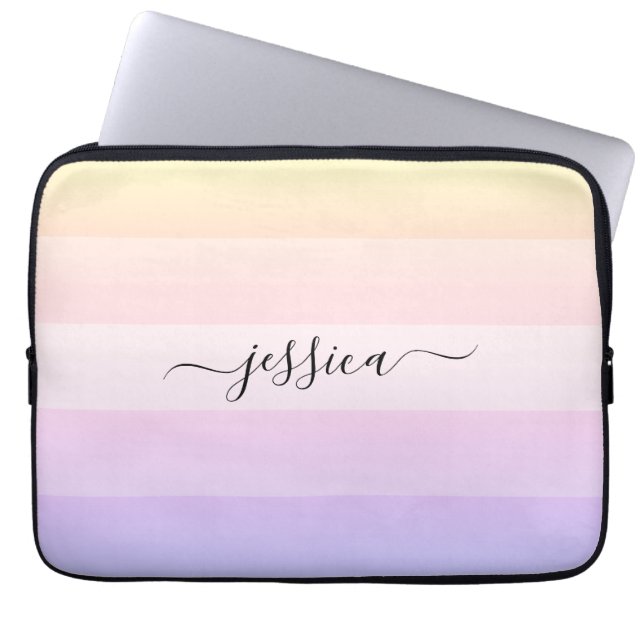 Chic paars striped script naam laptophoes laptop sleeve (Voorkant)