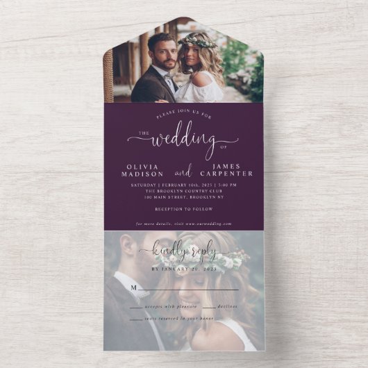 Chic Paars Violet Elegant Script 2 Fotohuwelijk All In One Uitnodiging (Binnen)