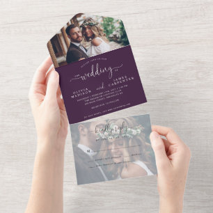 Chic Paars Violet Elegant Script 2 Fotohuwelijk All In One Uitnodiging
