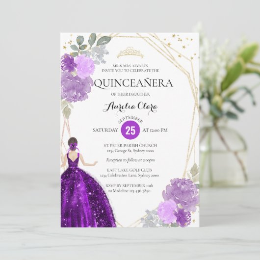 Chic Paars Violet Floral Geometric Quinceañera Kaart (Staand voorkant)