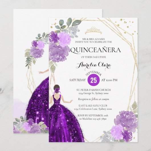 Chic Paars Violet Floral Geometric Quinceañera Kaart (Voorkant / Achterkant)