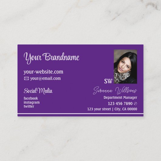 Chic Paars White Stripes met monogram en foto Visitekaartje (Achterkant)