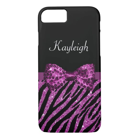 Chic Paars Zebra print FAUX Glitz Bow met naam Case-Mate iPhone Case (Achterkant)