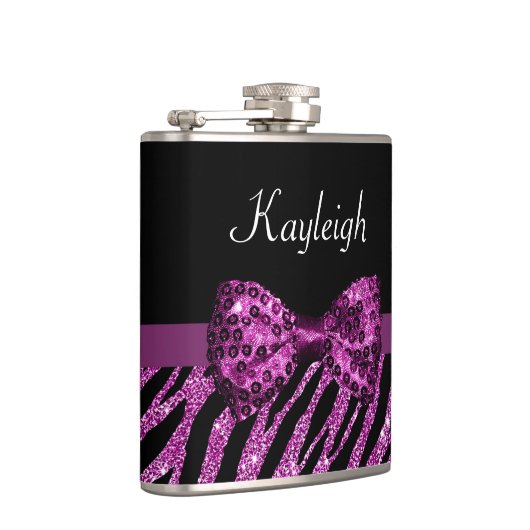 Chic Paars Zebra print FAUX Glitz Bow met naam Heupfles (Rechts)