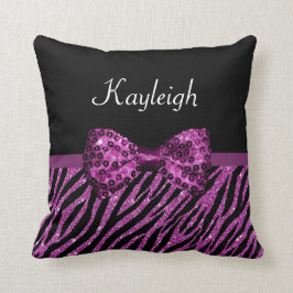 Chic Paars Zebra print FAUX Glitz Bow met naam Kussen