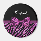 Chic Paars Zebra print FAUX Glitz Bow met naam Magneet (Voorkant)
