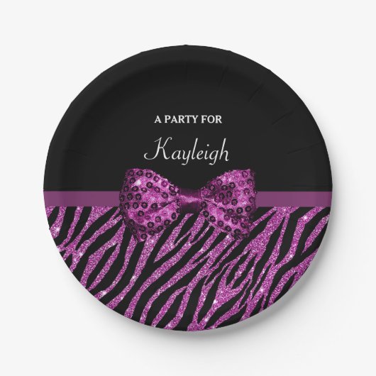 Chic Paars Zebra print FAUX Glitz Bow met naam Papieren Bordje (Voorkant)