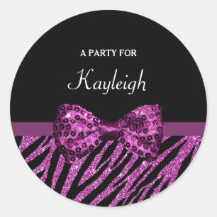 Chic Paars Zebra print FAUX Glitz Bow met naam Ronde Sticker