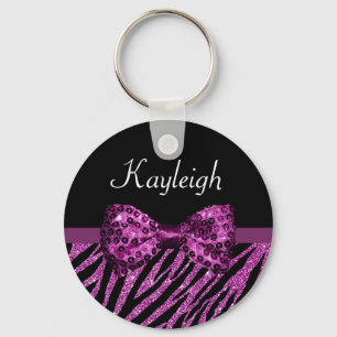 Chic Paars Zebra print FAUX Glitz Bow met naam Sleutelhanger