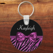 Chic Paars Zebra print FAUX Glitz Bow met naam Sleutelhanger (Voorkant)