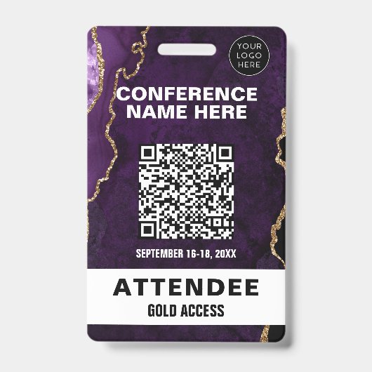 Chic Paarse Agate Gold Glitter Conference Event Badge (Voorzijde)