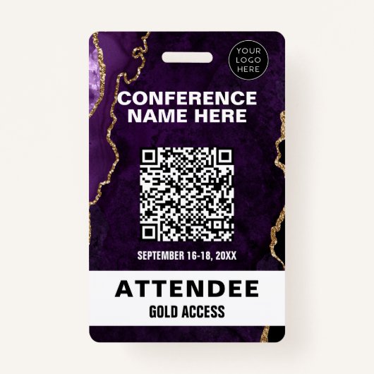 Chic Paarse Agate Gold Glitter Conference Event Badge (Voorkant)