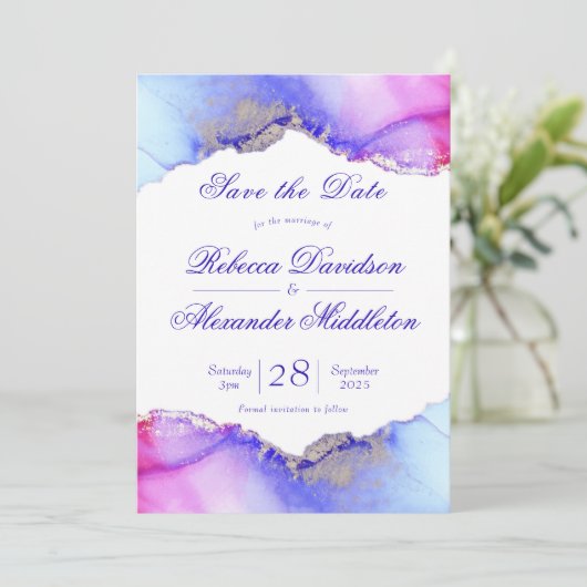 Chic Paarse Amethist bruiloft Save The Date (Staand voorkant)