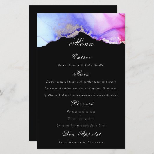Chic Paarse Black Wedding Menu (Voorkant / Achterkant)