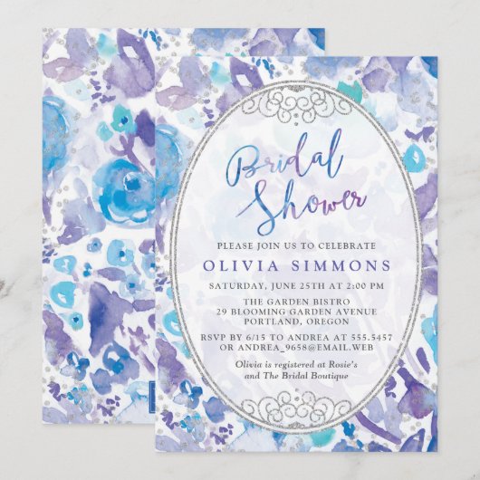 Chic Paarse & Blauwe Waterverf Bloemen Vrijgezelle Kaart (Voorkant / Achterkant)