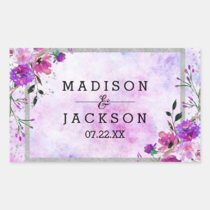Chic Paarse Bloem en Zilveren Frame Trouw Monogram Rechthoekige Sticker