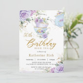 Chic Paarse Bloemachtige High Tea 50e Verjaardagsf Kaart (Staand voorkant)