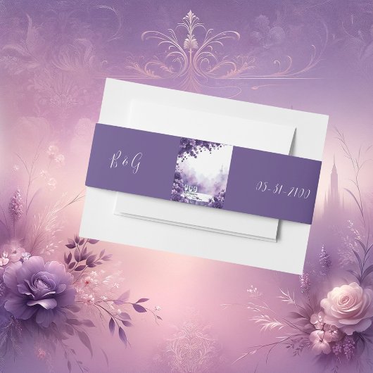 Chic Paarse Bloemen Huwelijk met Eiffeltoren Charm Uitnodigingen Wikkel