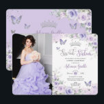 Chic Paarse Bloemenvlinders Sweet Sixteen Foto Kaart<br><div class="desc">Personaliseer deze zachte lavendel, paarse lila bloemen Sweet 16 verjaardagsuitnodiging afbeelding / foto-uitnodiging gemakkelijk en snel. Klik gewoon op de knop "Bewerken met ontwerpgereedschappen" om de tekst, tekst, lettertypestijl, tekengrootte en letterkleur te wijzigen. U kunt ook tekst toevoegen of verwijderen en afbeeldingen verplaatsen of verwijderen. De vlinders en de kroon...</div>
