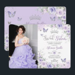Chic Paarse Bloemenvlinders Sweet Sixteen Foto Kaart<br><div class="desc">Personaliseer deze zachte lavendel, paarse lila bloemen Sweet 16 verjaardagsuitnodiging afbeelding / foto-uitnodiging gemakkelijk en snel. Klik gewoon op de knop "Bewerken met ontwerpgereedschappen" om de tekst, tekst, lettertypestijl, tekengrootte en letterkleur te wijzigen. U kunt ook tekst toevoegen of verwijderen en afbeeldingen verplaatsen of verwijderen. De vlinders en de kroon...</div>