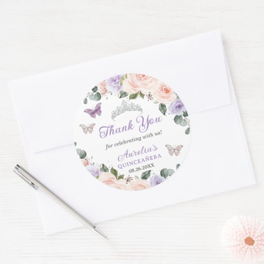 Chic Paarse Blush Bloemen Vlinders Silver Quince Ronde Sticker (Envelop)