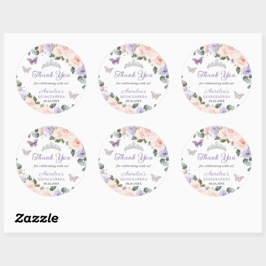 Chic Paarse Blush Bloemen Vlinders Silver Quince Ronde Sticker (Vel)