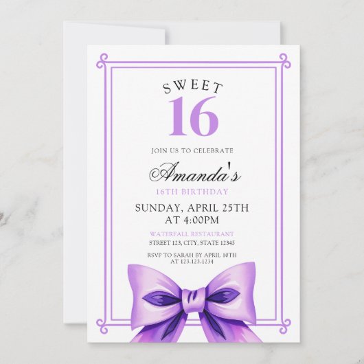 Chic Paarse Bow Coquette Girl Sweet 16 Verjaardag Kaart (Voorkant)