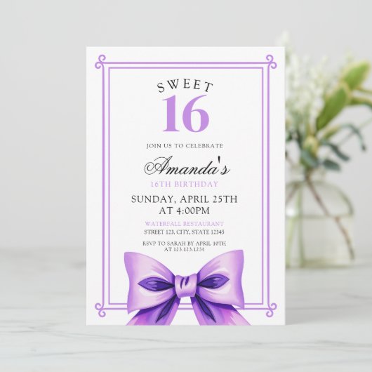 Chic Paarse Bow Coquette Girl Sweet 16 Verjaardag Kaart (Staand voorkant)